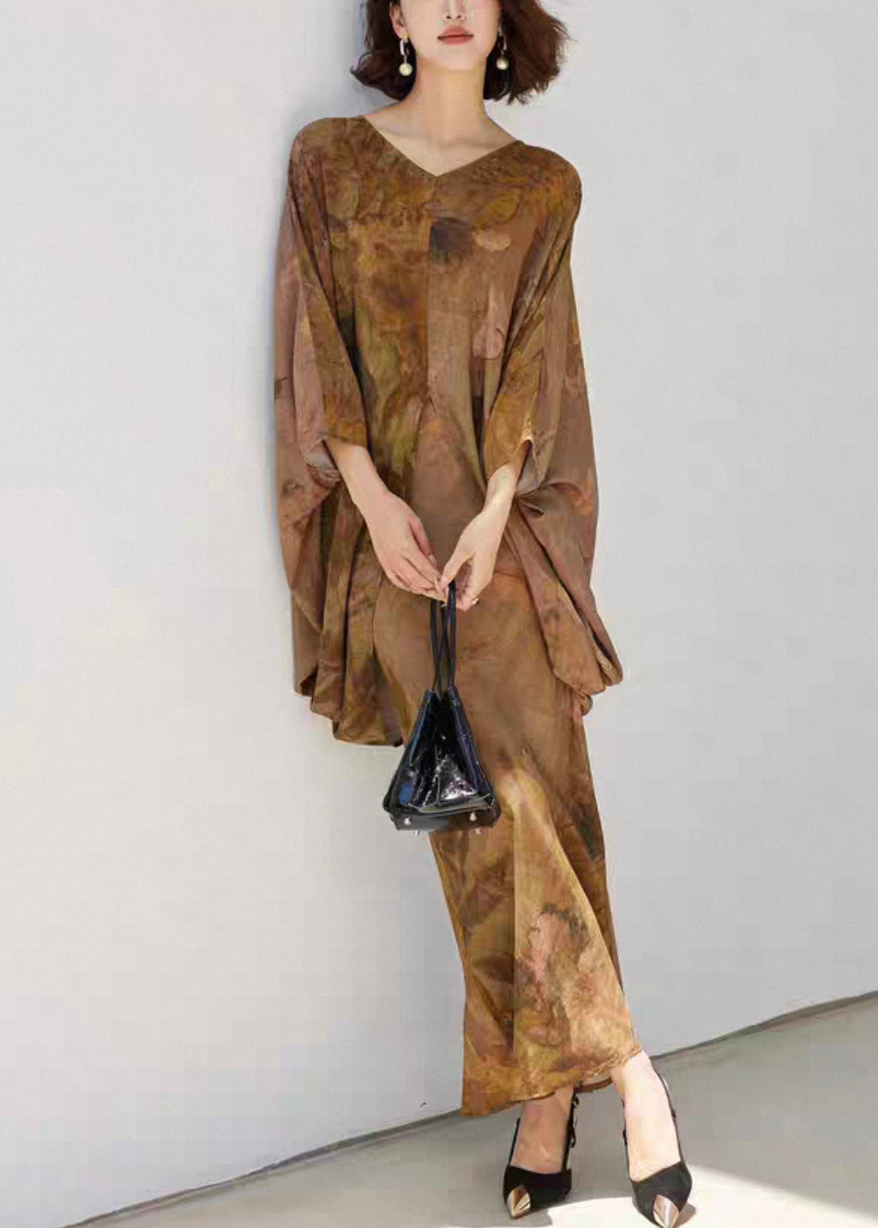 Loose V Neck Print Front Open Silk Cotton Two Pieces Set Fall