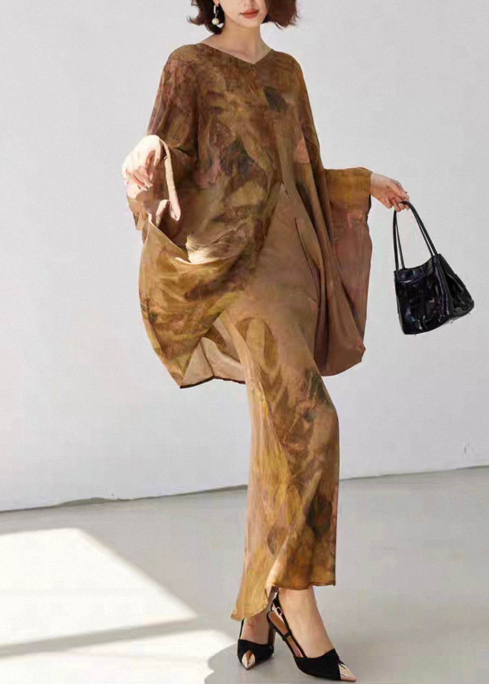 Loose V Neck Print Front Open Silk Cotton Two Pieces Set Fall