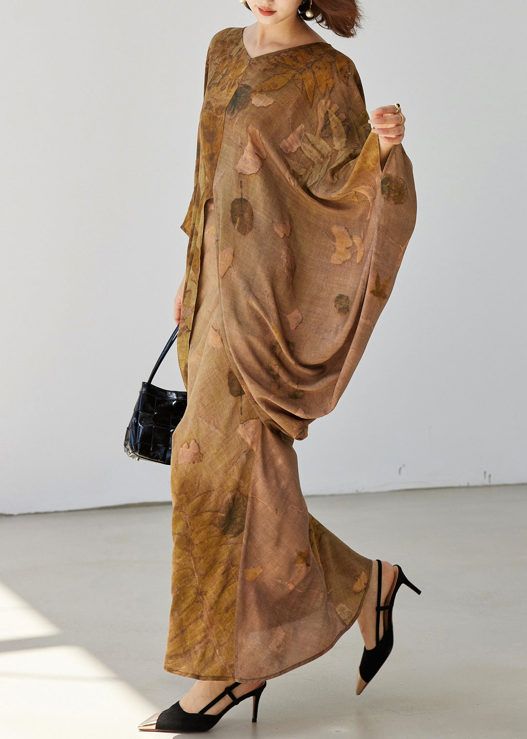 Loose V Neck Print Front Open Silk Cotton Two Pieces Set Fall