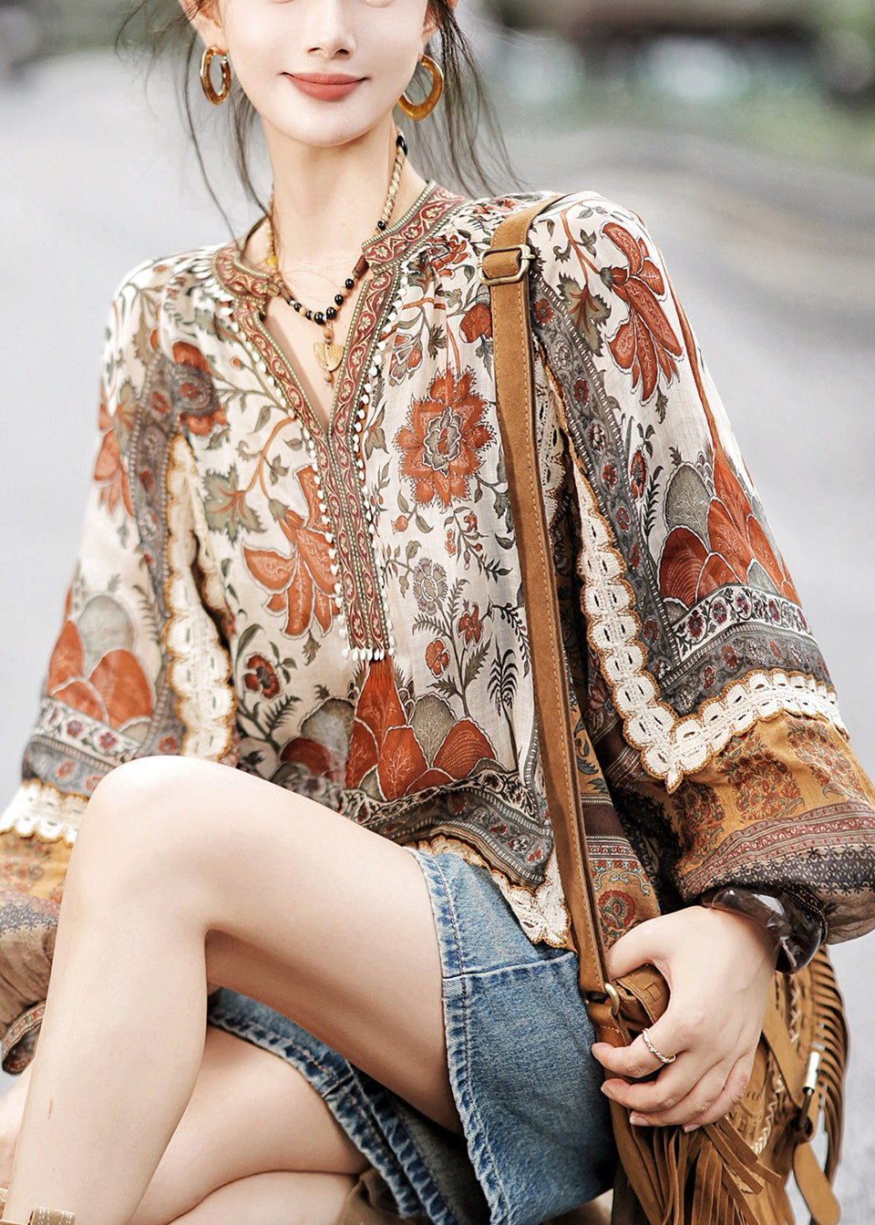Loose V Neck Print Low High Design Cotton Tops Fall - Omychic