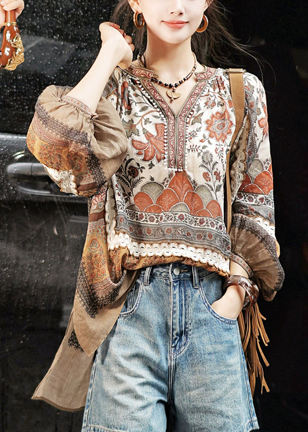 Loose V Neck Print Low High Design Cotton Tops Fall - Omychic