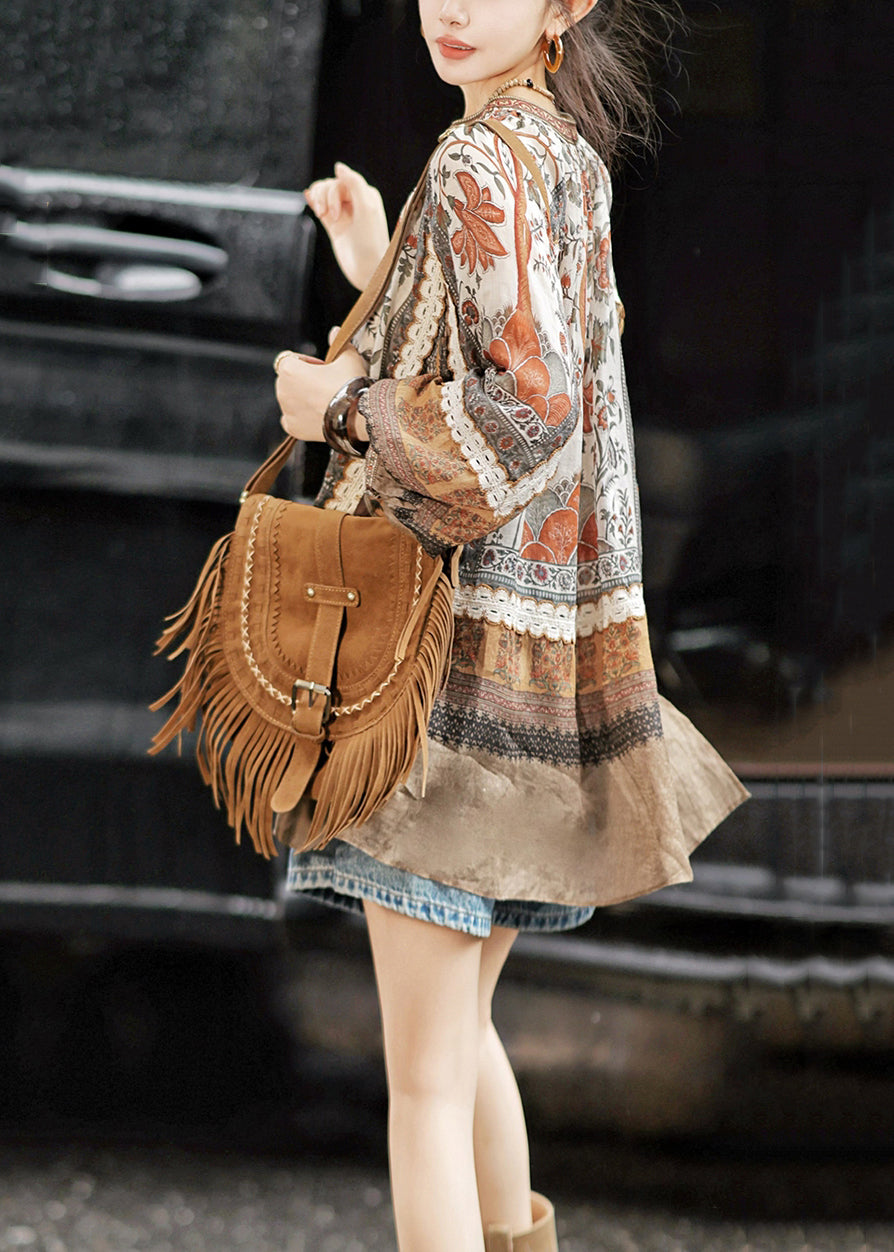 Loose V Neck Print Low High Design Cotton Tops Fall - Omychic