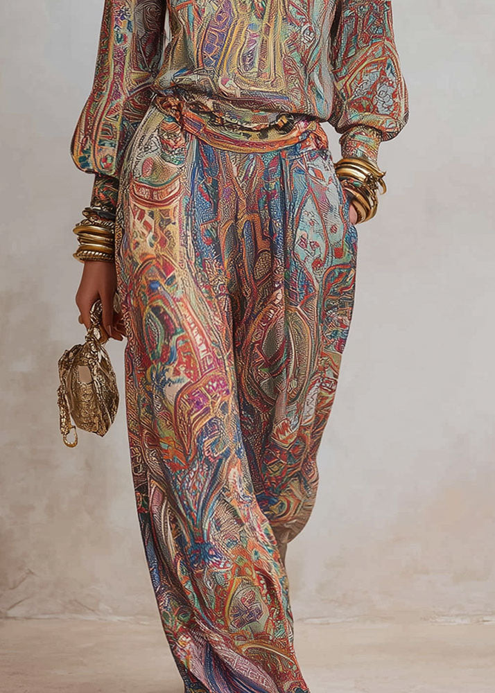 Loose V Neck Print Top And Pants Cotton Two Pieces Set Fall