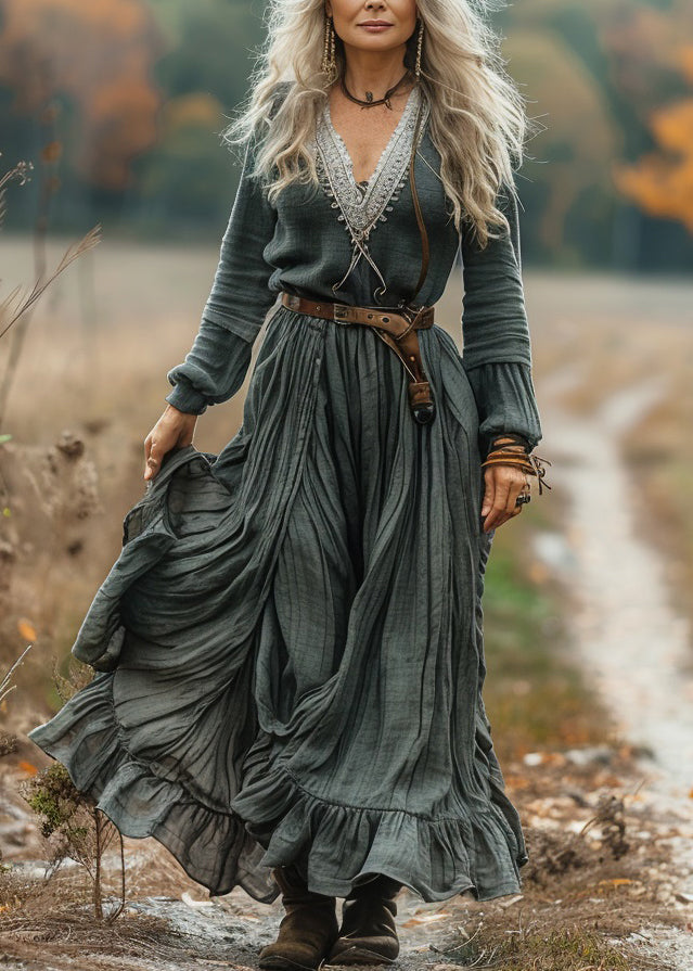 Loose V Neck Ruffled Patchwork Cotton Maxi Dress Long Sleeve