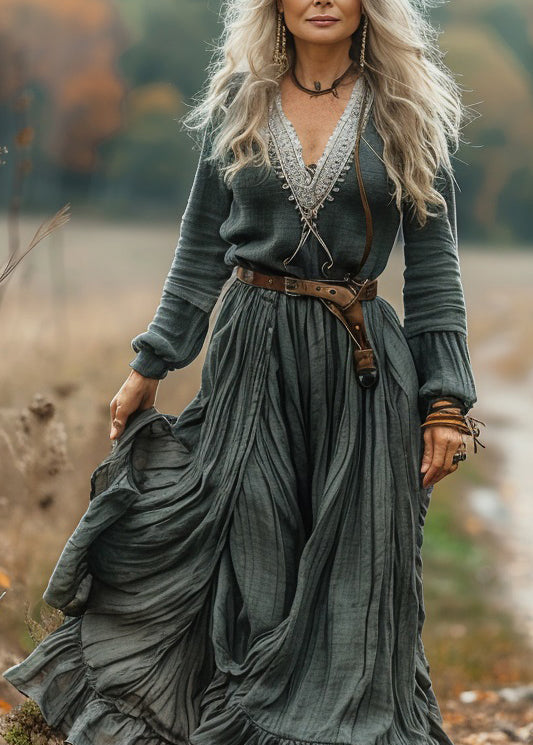 Loose V Neck Ruffled Patchwork Cotton Maxi Dress Long Sleeve