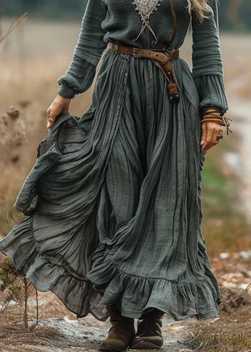 Loose V Neck Ruffled Patchwork Cotton Maxi Dress Long Sleeve