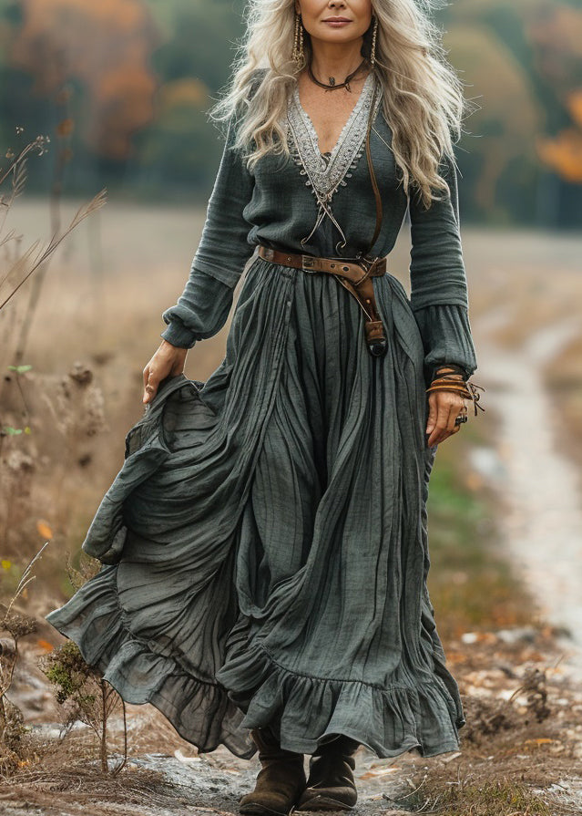 Loose V Neck Ruffled Patchwork Cotton Maxi Dress Long Sleeve