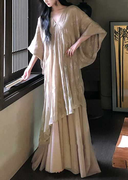 Loose V Neck Tulle Patchwork Cotton Robe Dresses Batwing Sleeve