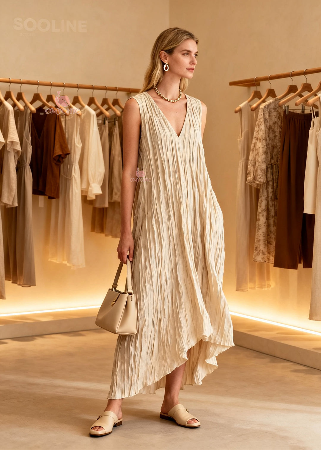 Loose V Neck Wrinkled Cotton Ankle Dress Sleeveless