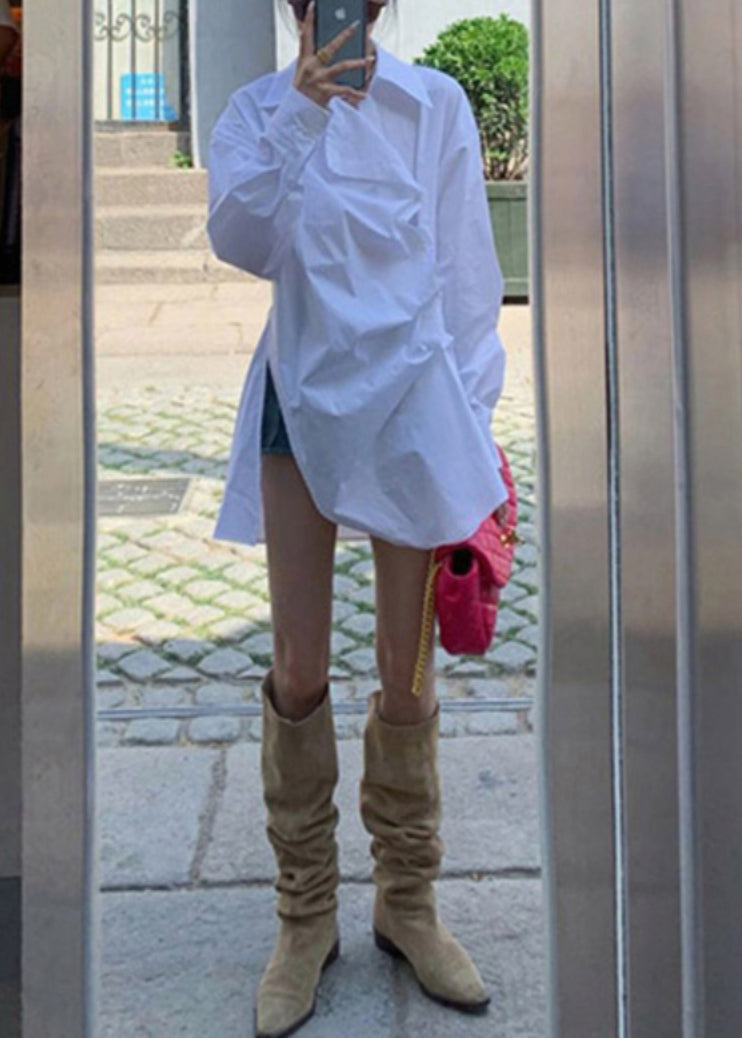 Loose White Aymmetrical Side Open Cotton Shirt Long Sleeve