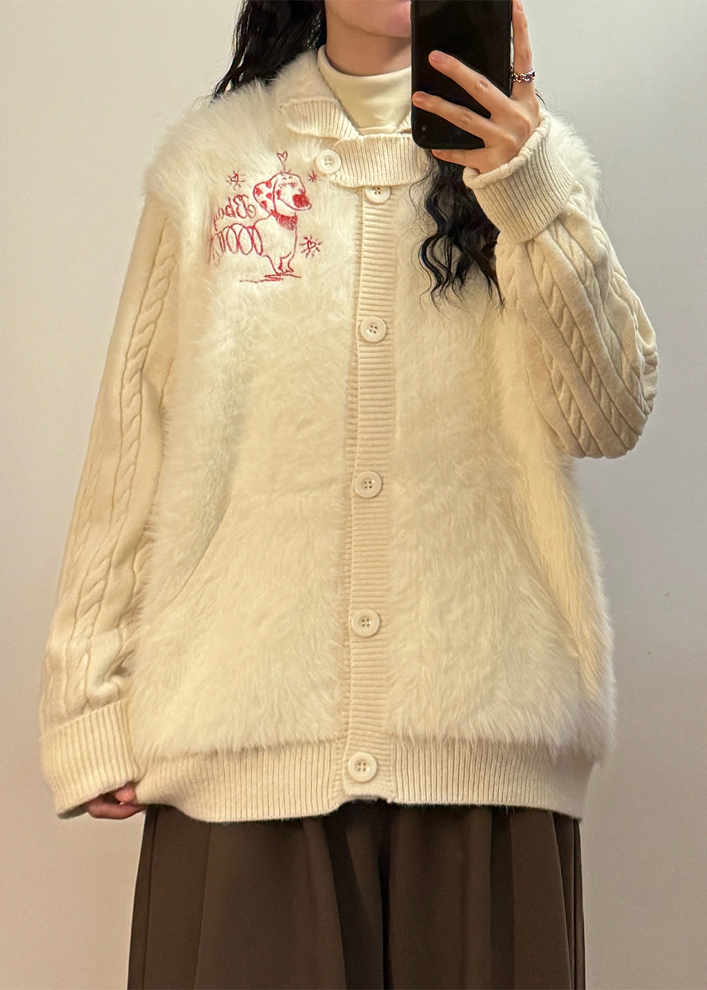 Loose White Button Fluffy Patchwork Knit Coats Winter