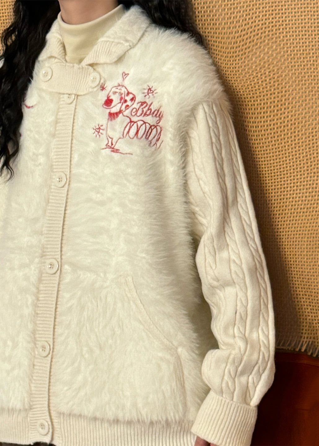 Loose White Button Fluffy Patchwork Knit Coats Winter