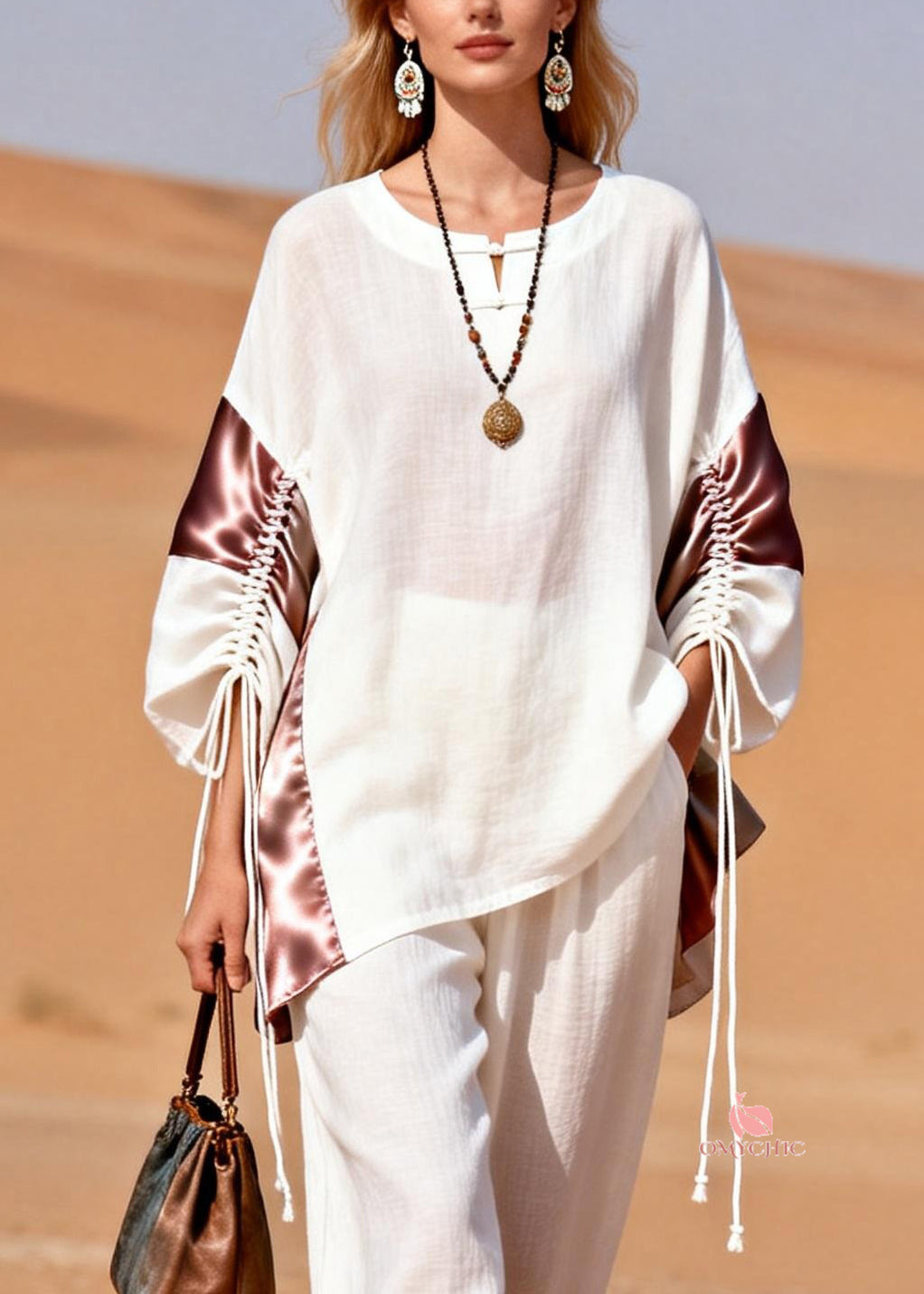 Loose White Button Lace Up Pockets Patchwork Linen Two Pieces Set Spring