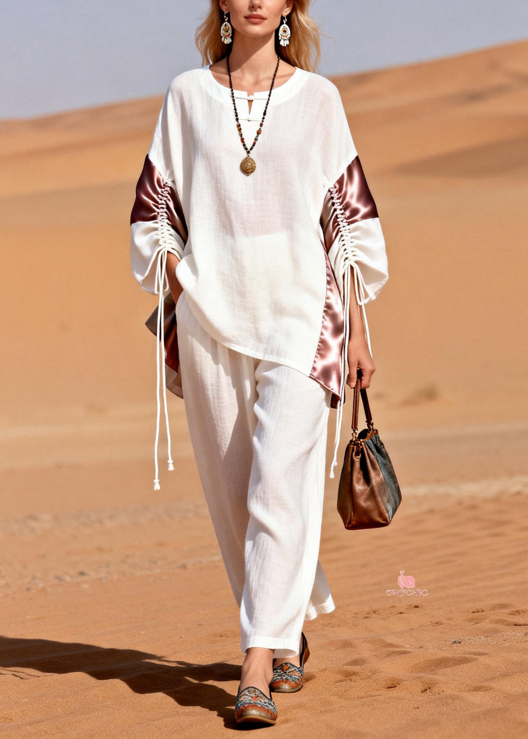 Loose White Button Lace Up Pockets Patchwork Linen Two Pieces Set Spring