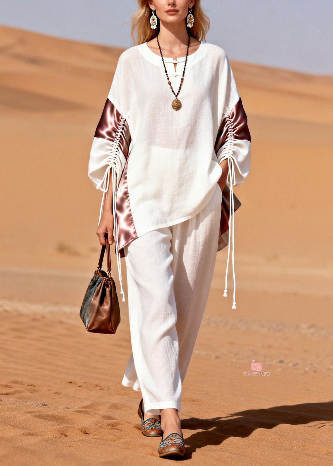 Loose White Button Lace Up Pockets Patchwork Linen Two Pieces Set Spring