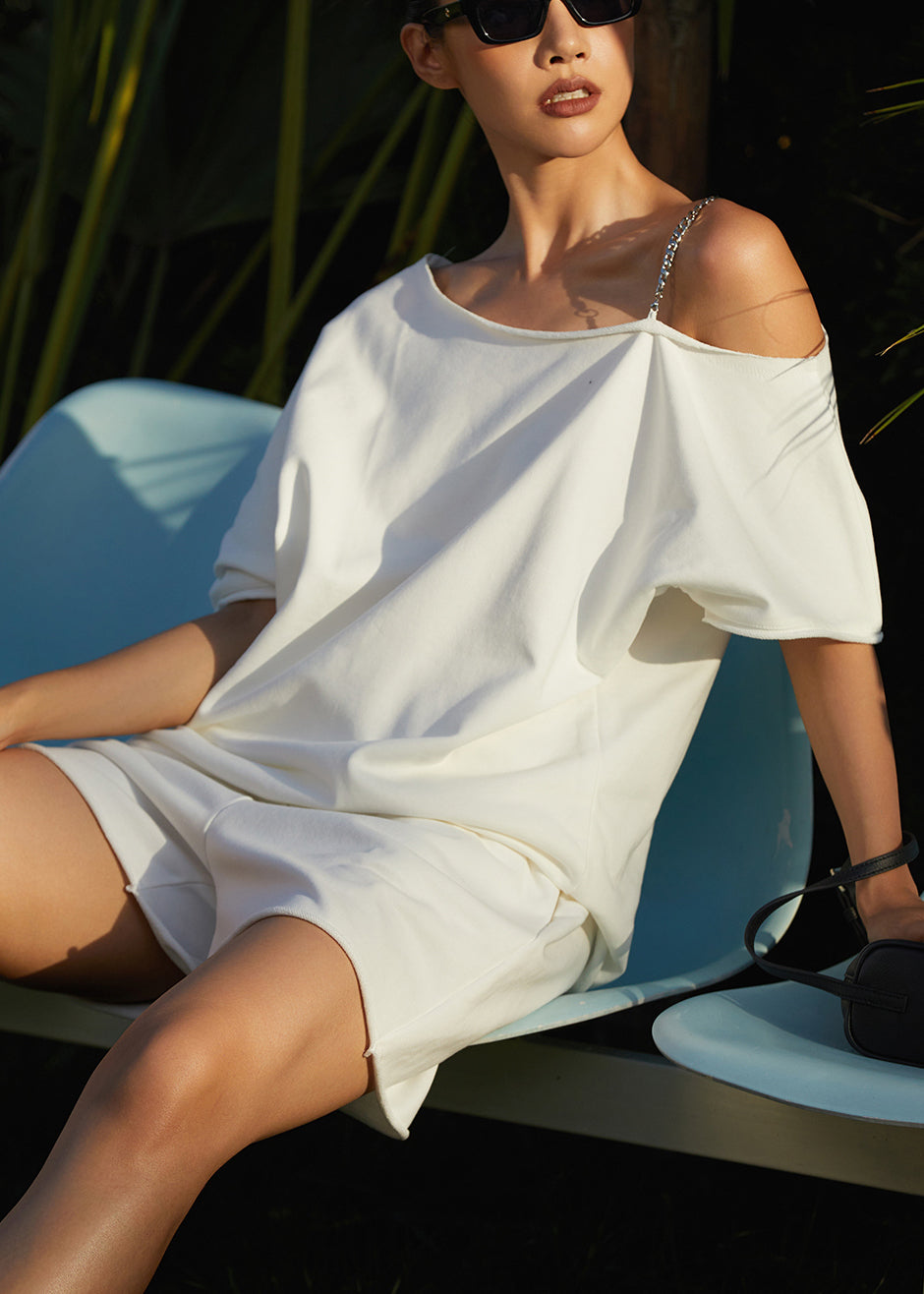 Loose White Chain Linked Cold Shoulder Cotton Two Pieces Set Summer