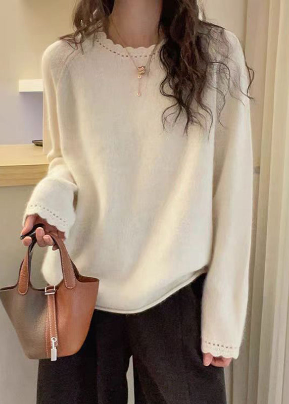 Loose White Cotton Knit Sweater O-Neck Lace Patchwork Spring