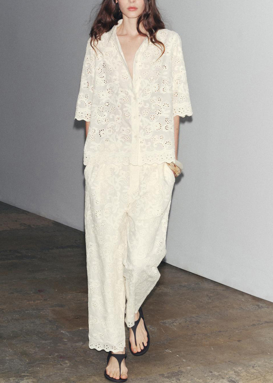 Loose White Embroidered Hollow Out Cotton Two-Piece Set Half Sleeve