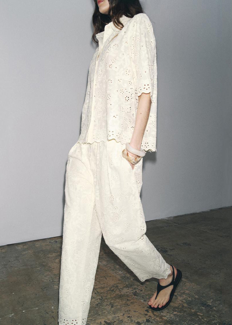 Loose White Embroidered Hollow Out Cotton Two-Piece Set Half Sleeve