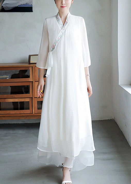 Loose White Embroidered Lace Up Chiffon Dresses Flare Sleeve