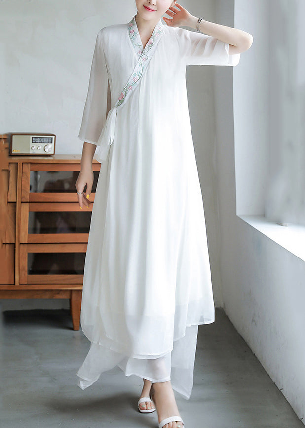 Loose White Embroidered Lace Up Chiffon Dresses Flare Sleeve