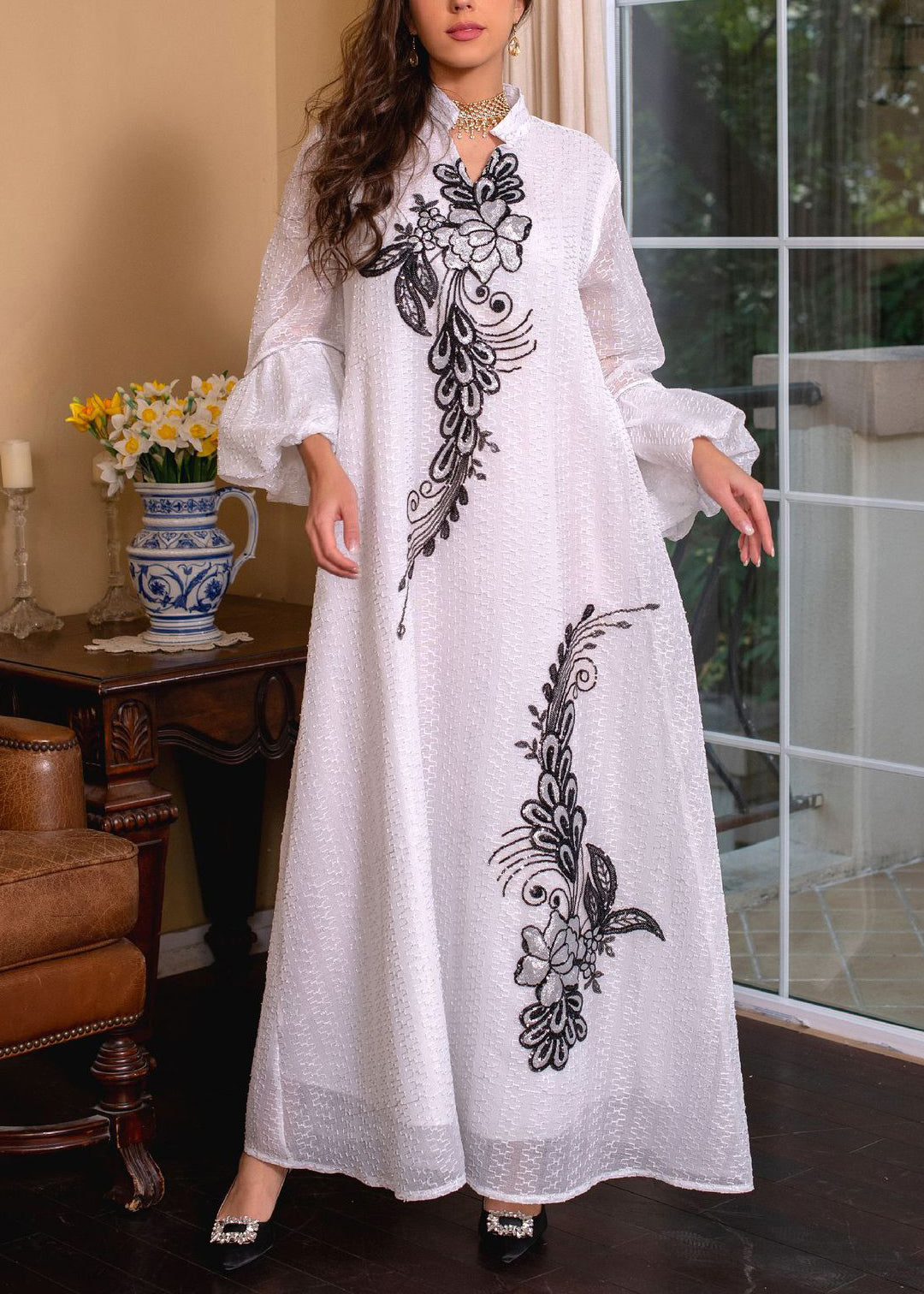 Loose White Embroidered Tie Waist Long Dresses Puff Sleeve