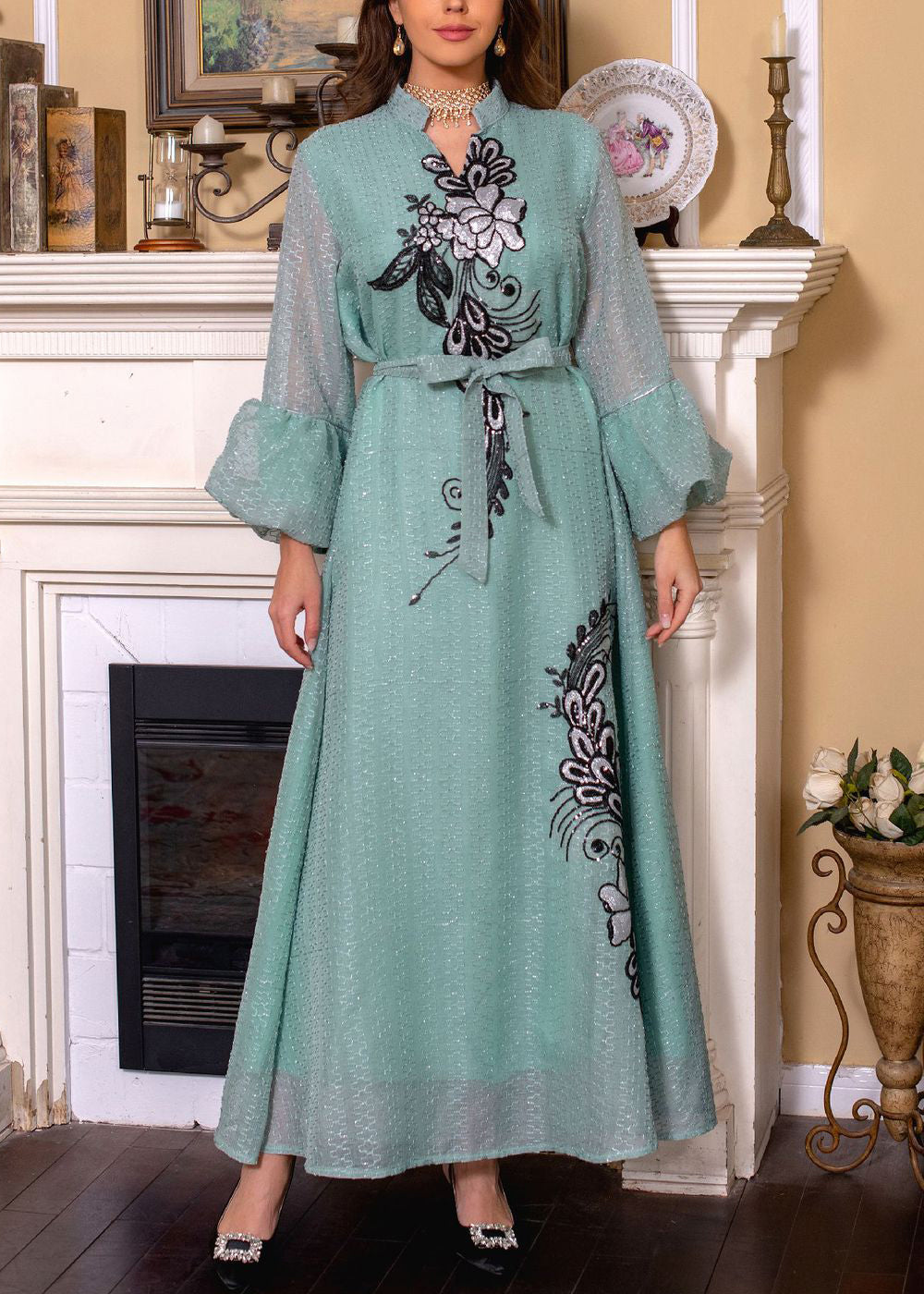 Loose White Embroidered Tie Waist Long Dresses Puff Sleeve