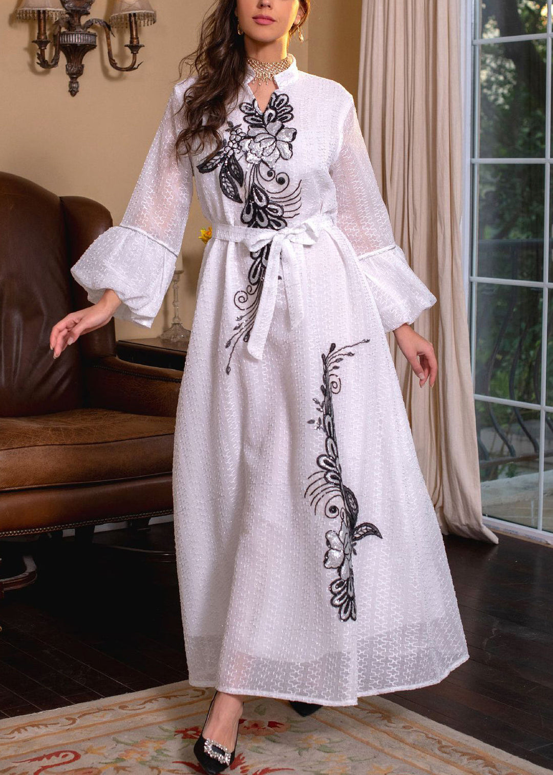 Loose White Embroidered Tie Waist Long Dresses Puff Sleeve