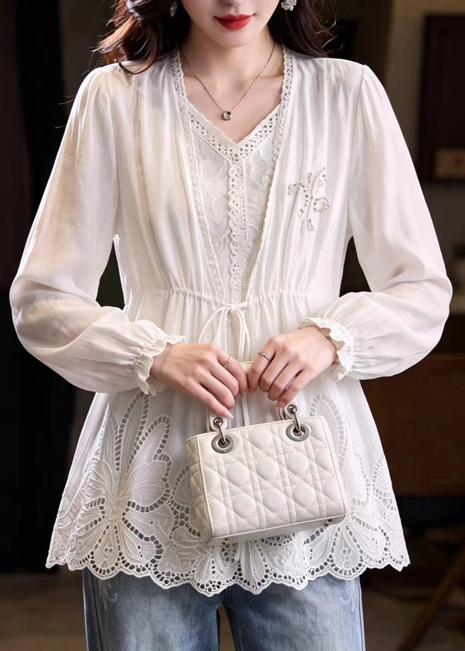 Loose White Fake Two-Piece Hollow Out Drawstring Cotton Tops Fall