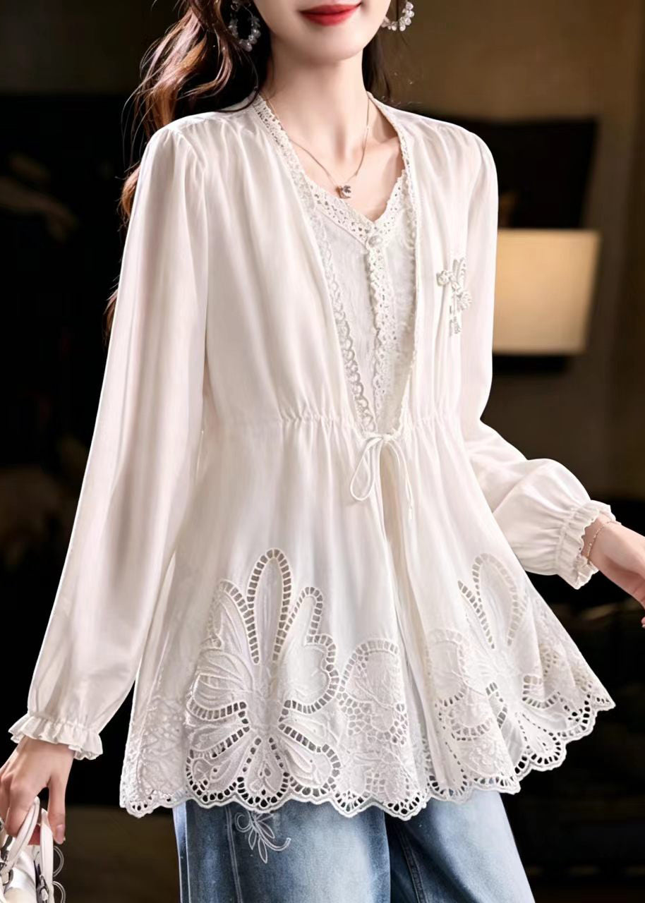 Loose White Fake Two-Piece Hollow Out Drawstring Cotton Tops Fall