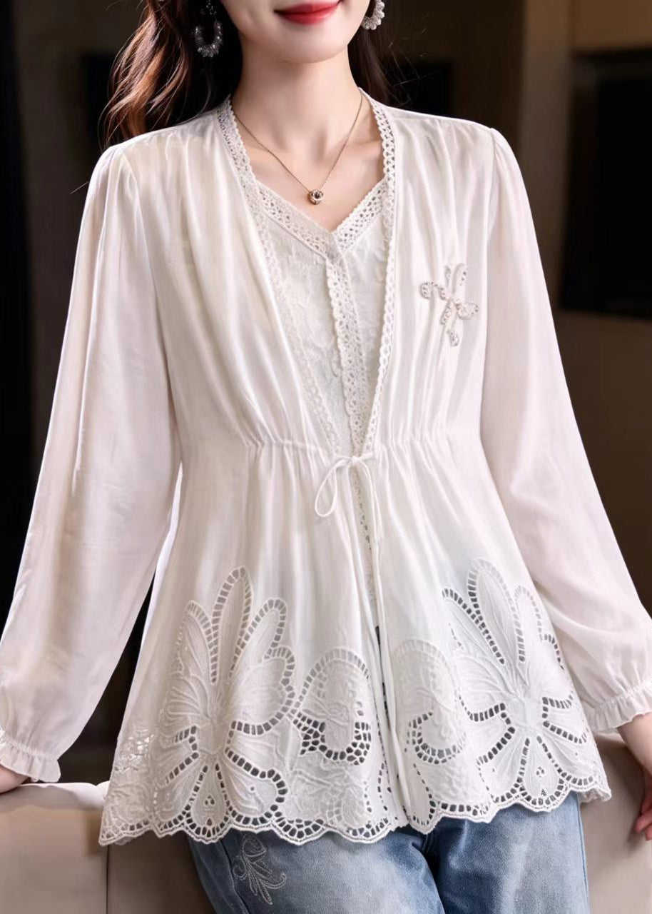 Loose White Fake Two-Piece Hollow Out Drawstring Cotton Tops Fall