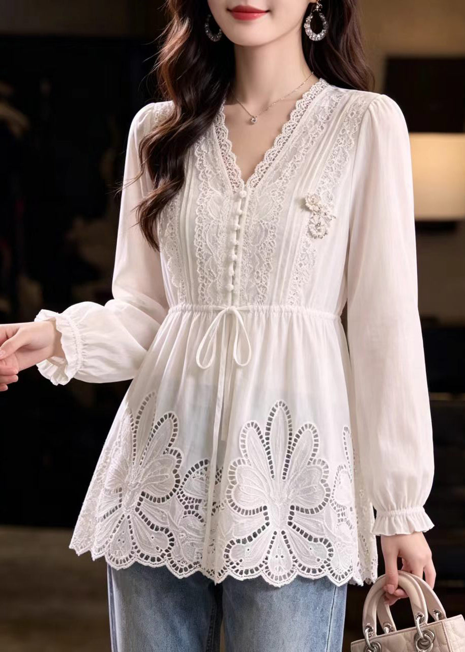 Loose White Fake Two-Piece Hollow Out Drawstring Cotton Tops Fall