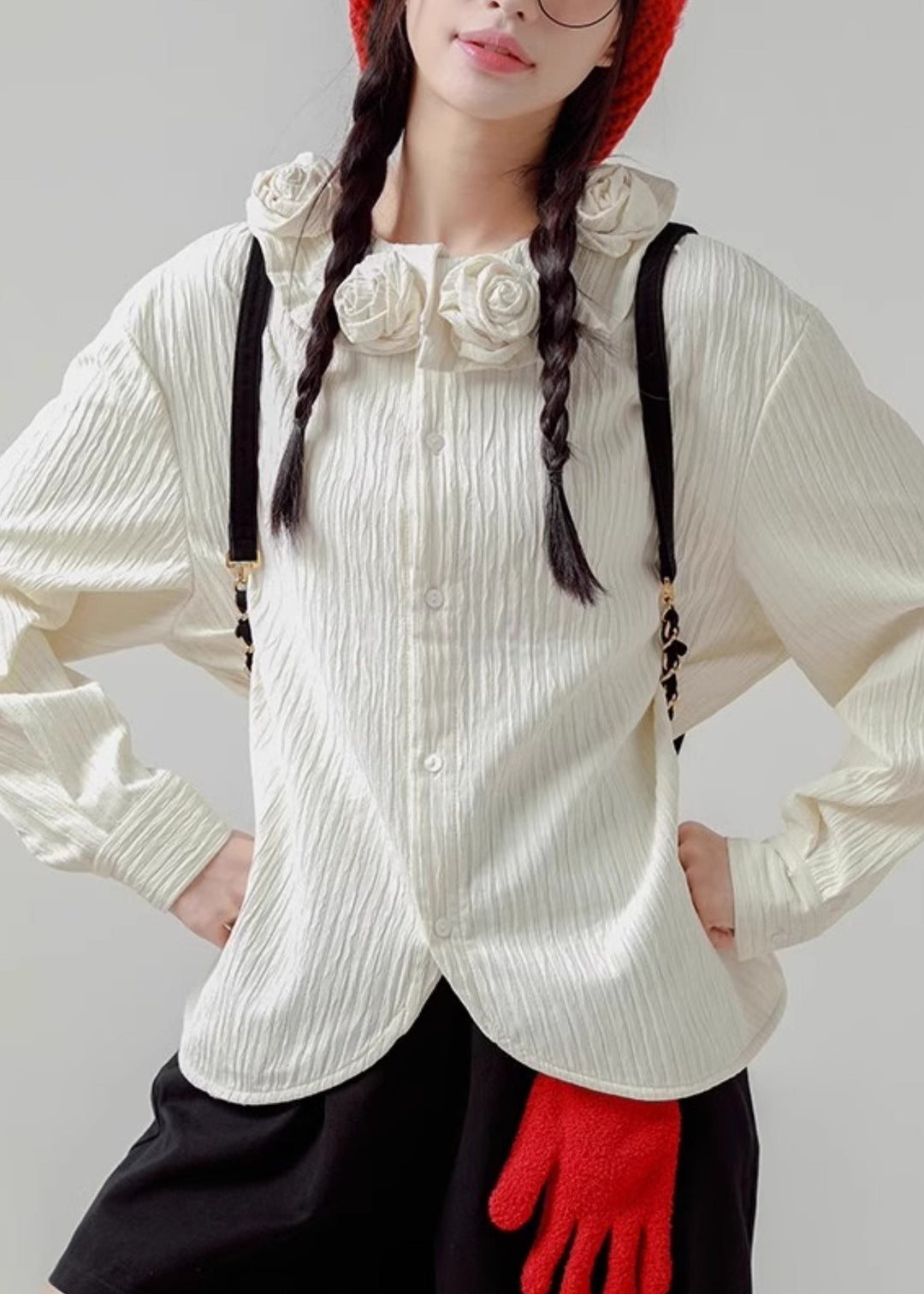 Loose White Floral Button Cotton Shirt Spring