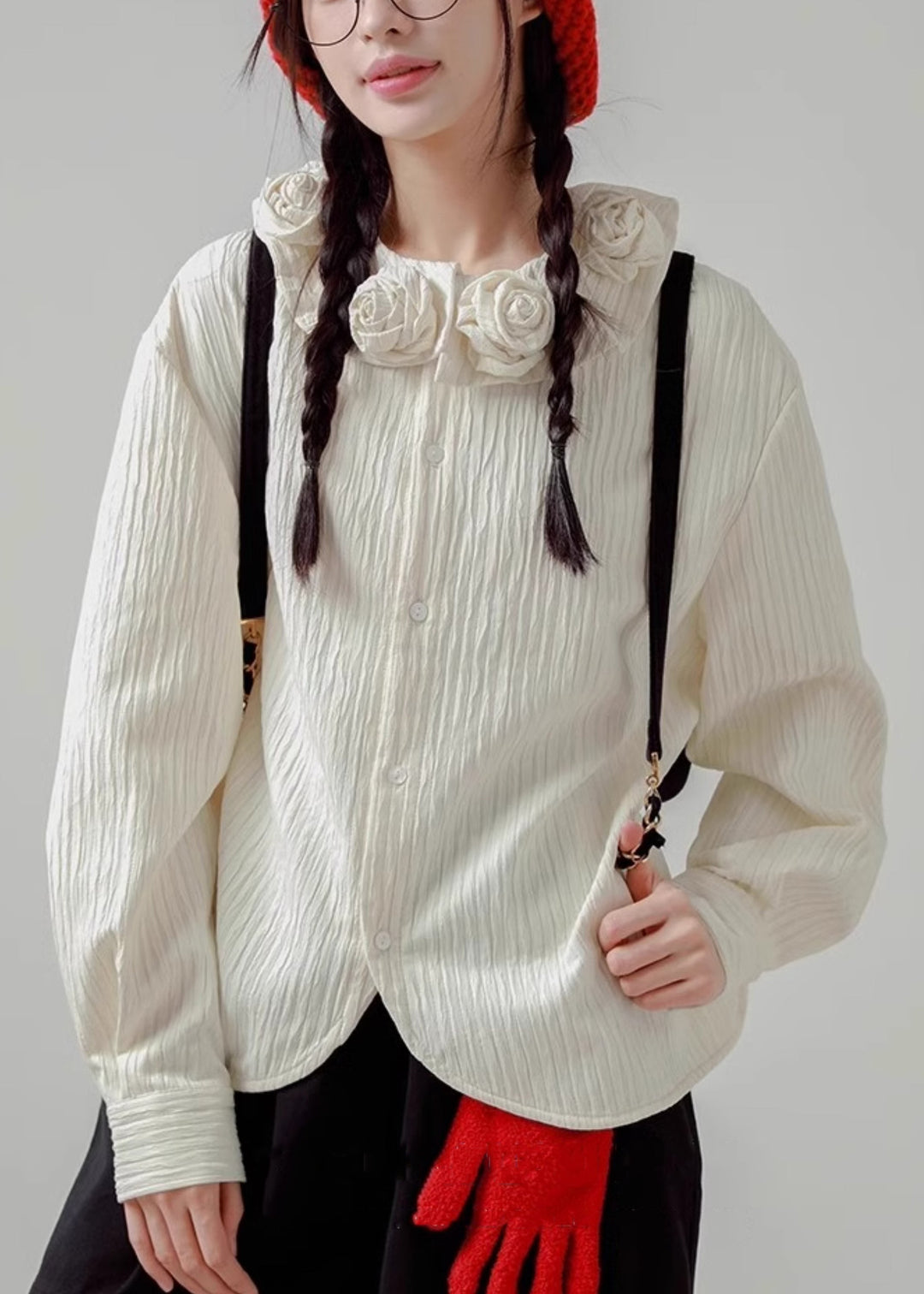 Loose White Floral Button Cotton Shirt Spring