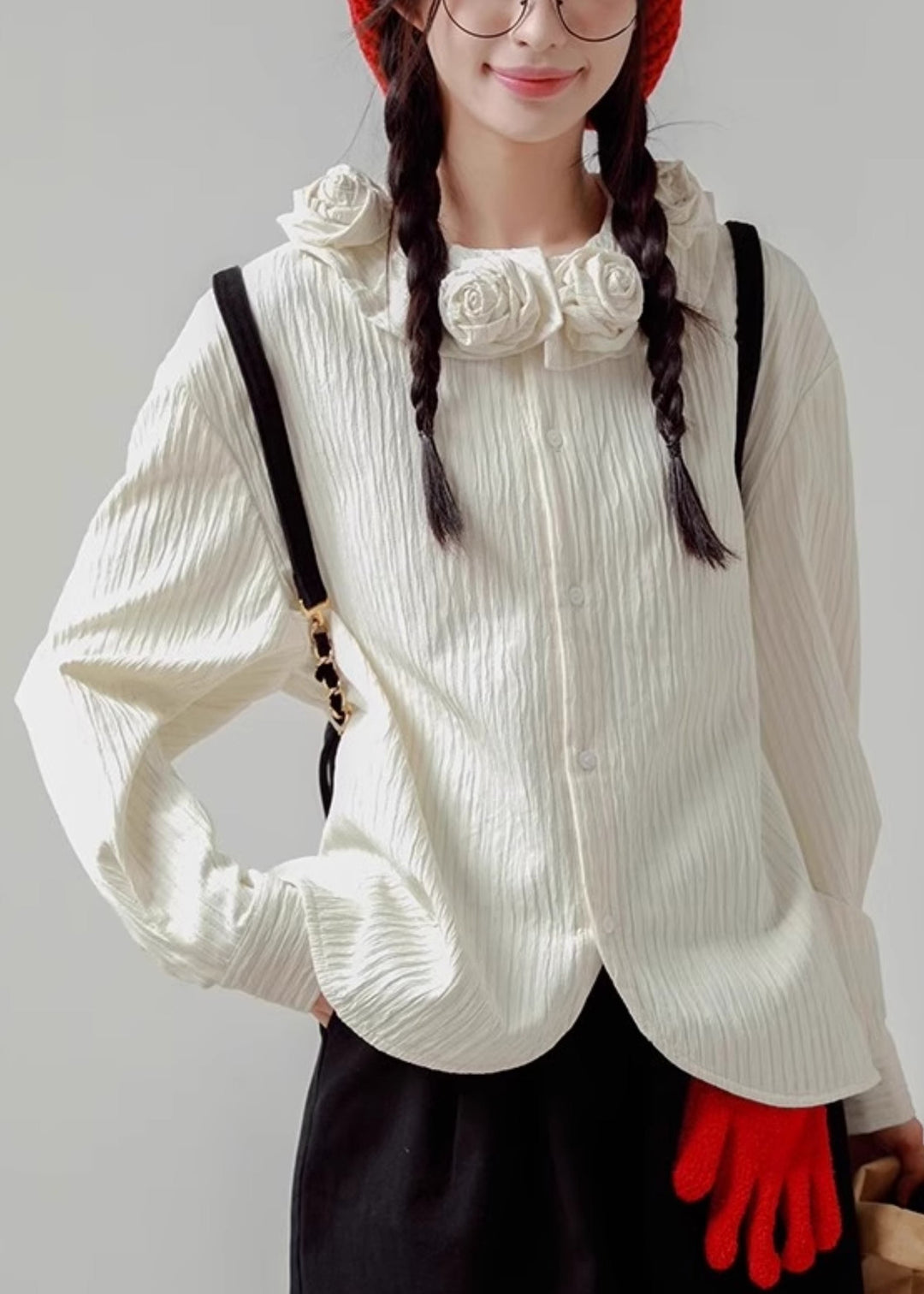 Loose White Floral Button Cotton Shirt Spring