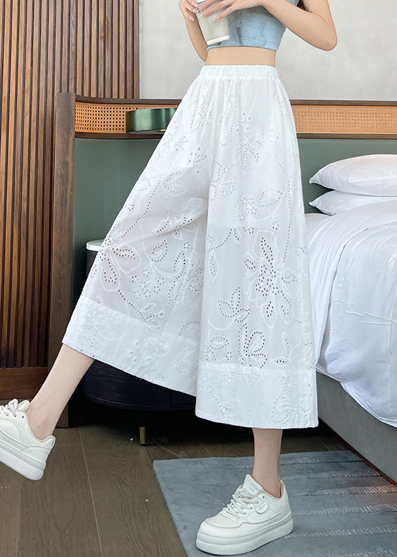Loose White Hollow Out Pockets Elastic Waist Cotton Crop Pants Summer