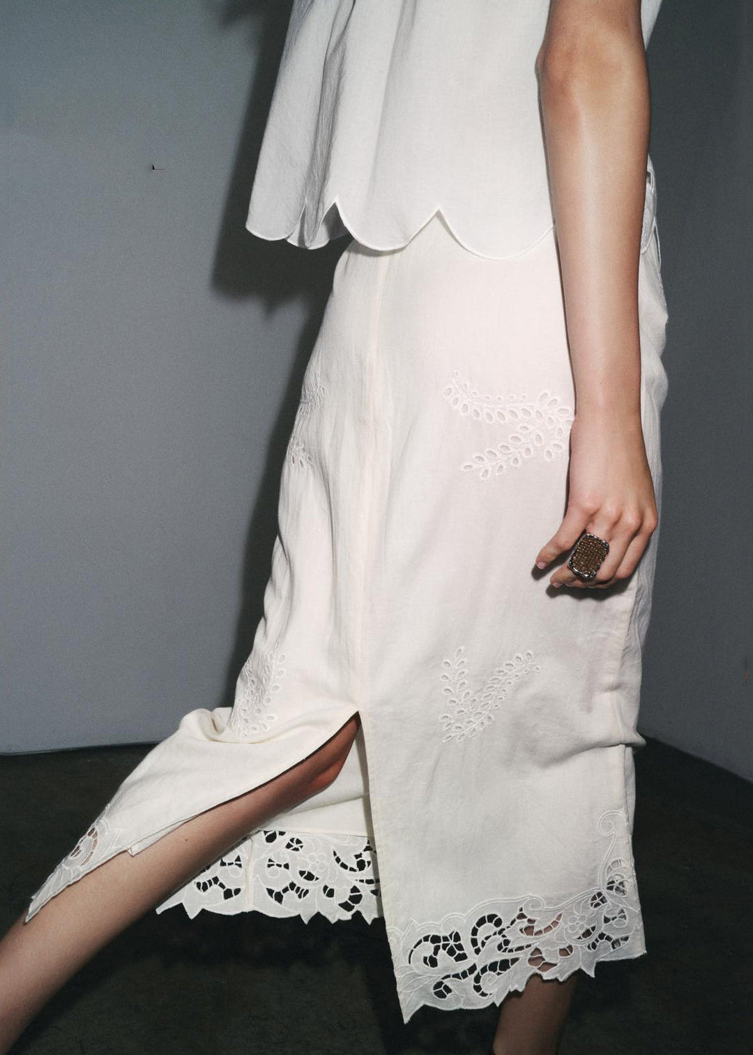Loose White Hollow Out Shirts And Skirts Cotton Two Pieces Set Summer