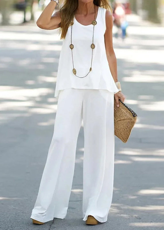 Loose White Hollow Out Solid Cotton Two Pieces Set Sleeveless