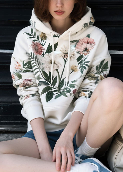 Loose White Hooded Print Cotton Sweatshirts Fall
