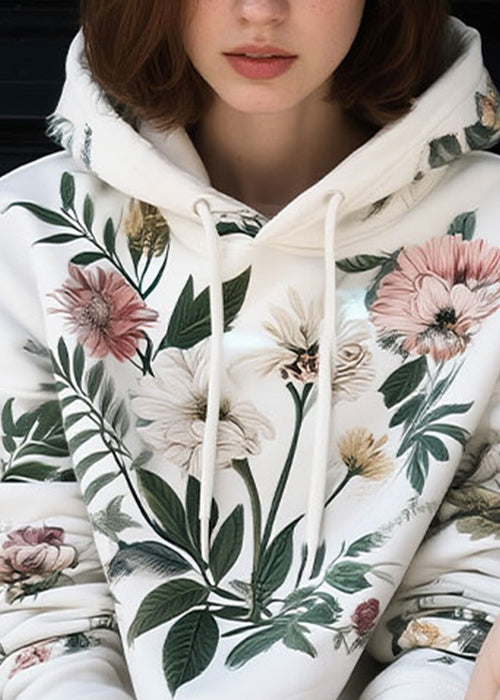 Loose White Hooded Print Cotton Sweatshirts Fall