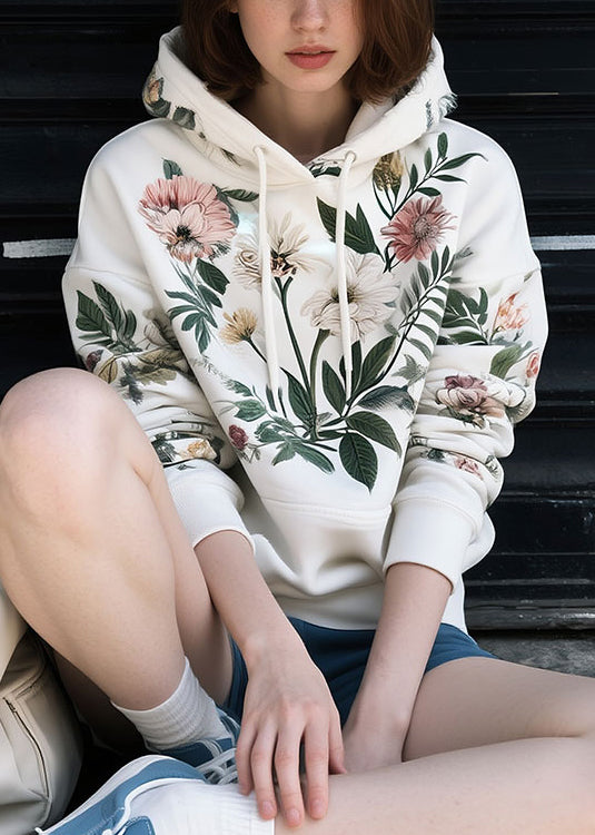 Loose White Hooded Print Cotton Sweatshirts Fall