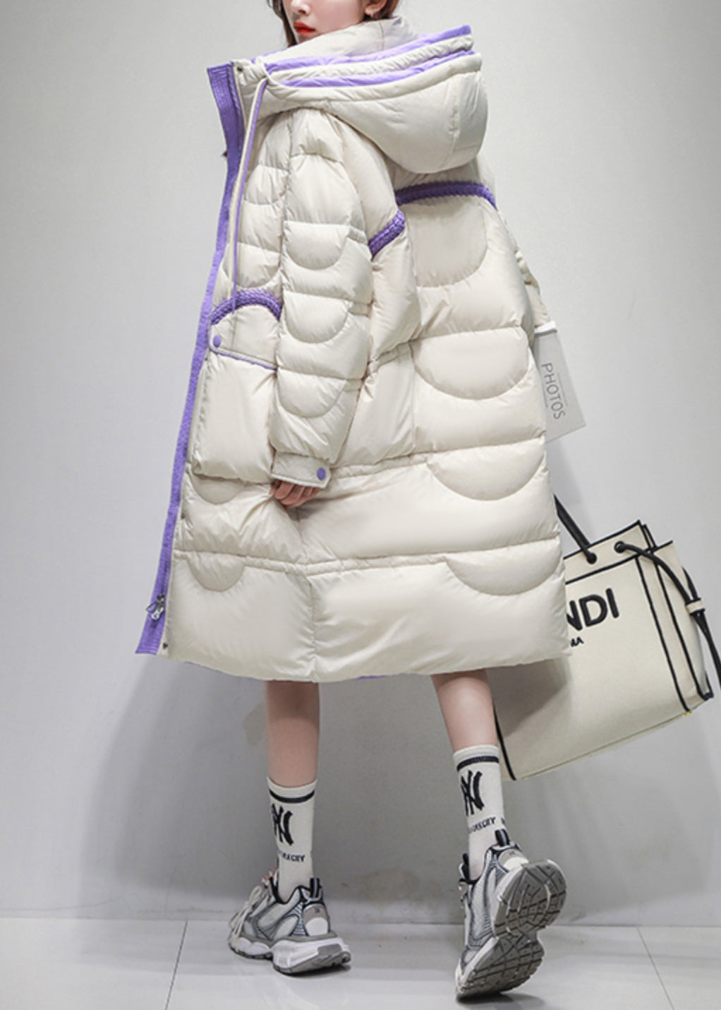 Loose White Hooded Zippered Pockets Duck Down Puffer Coat Winter