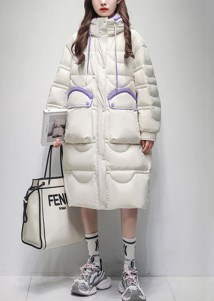 Loose White Hooded Zippered Pockets Duck Down Puffer Coat Winter