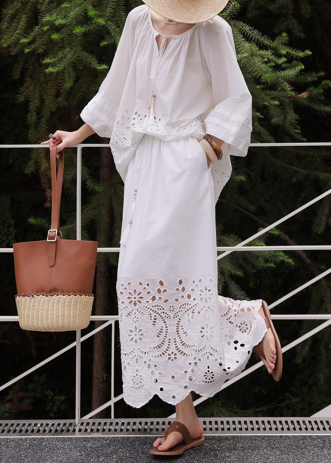 Loose White Lace Up Hollow Out Cotton Two Pieces Set Fall