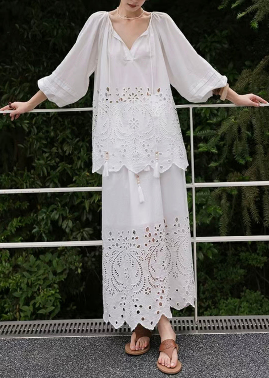 Loose White Lace Up Hollow Out Cotton Two Pieces Set Fall