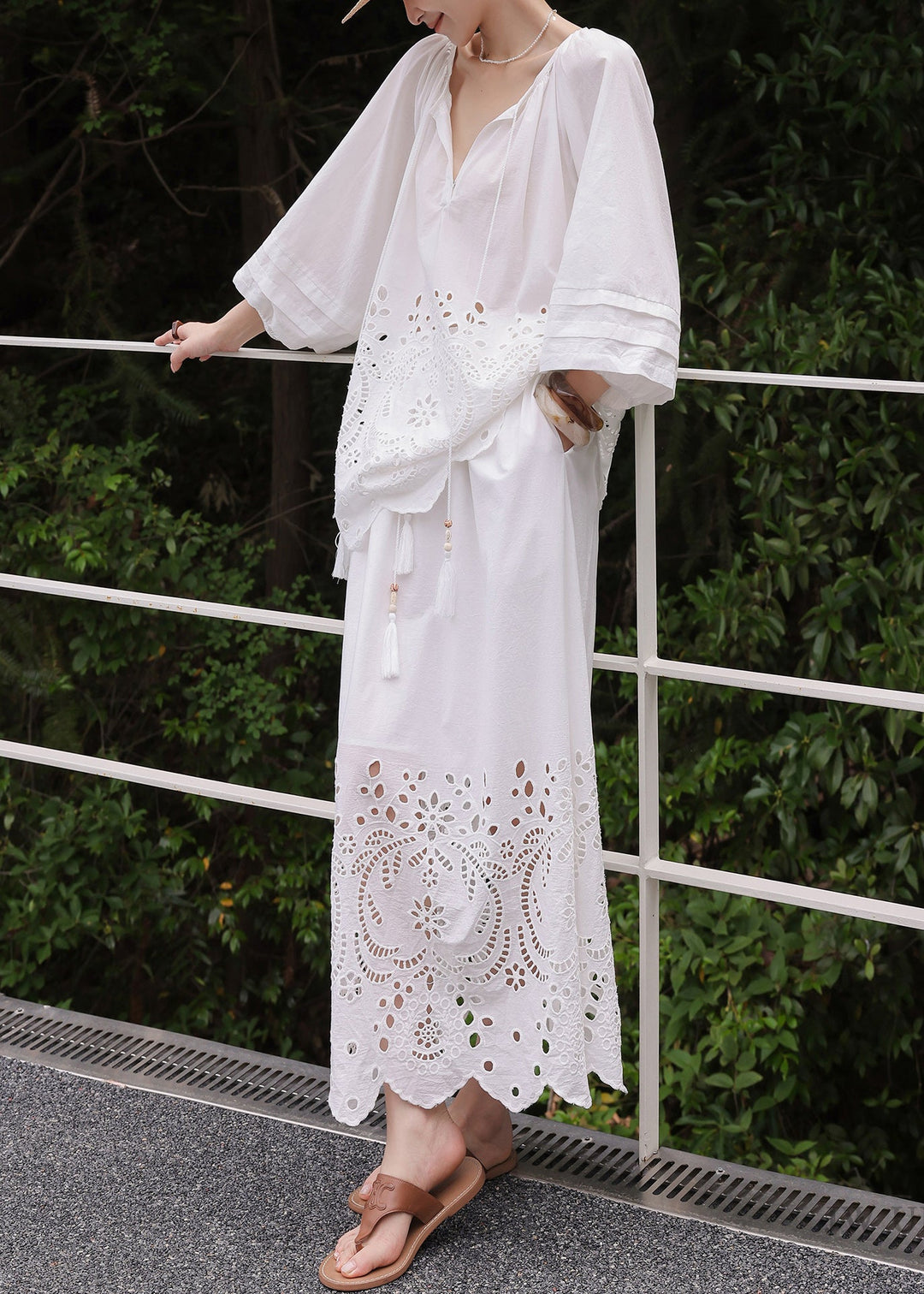 Loose White Lace Up Hollow Out Cotton Two Pieces Set Fall