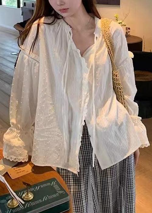 Loose White Lace Up Ruffled Cotton Shirt Flare Sleeve