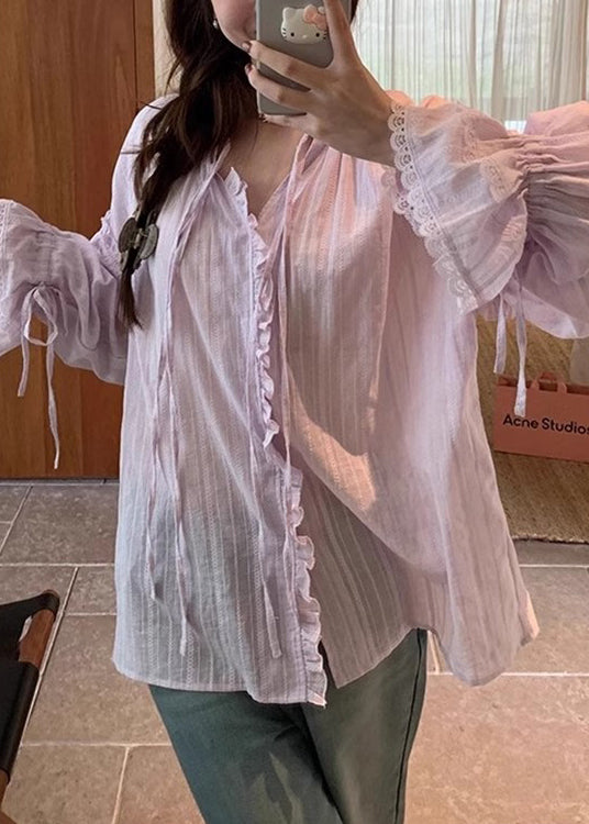 Loose White Lace Up Ruffled Cotton Shirt Flare Sleeve