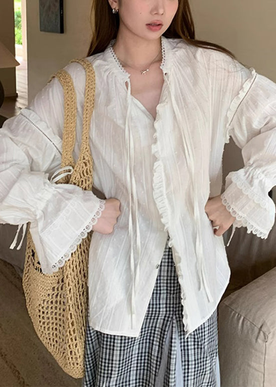 Loose White Lace Up Ruffled Cotton Shirt Flare Sleeve