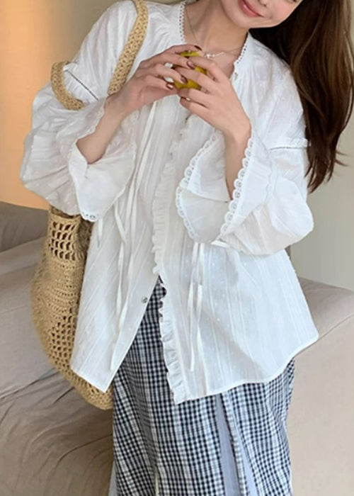 Loose White Lace Up Ruffled Cotton Shirt Flare Sleeve
